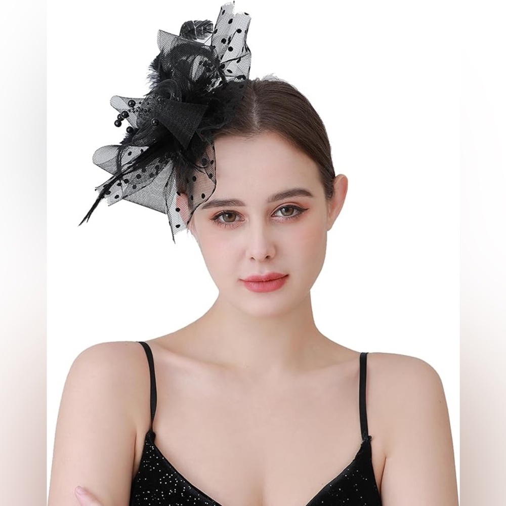 Kentucky derby Tea Party Black Fascinator with Point Esprit Mesh & Feathers